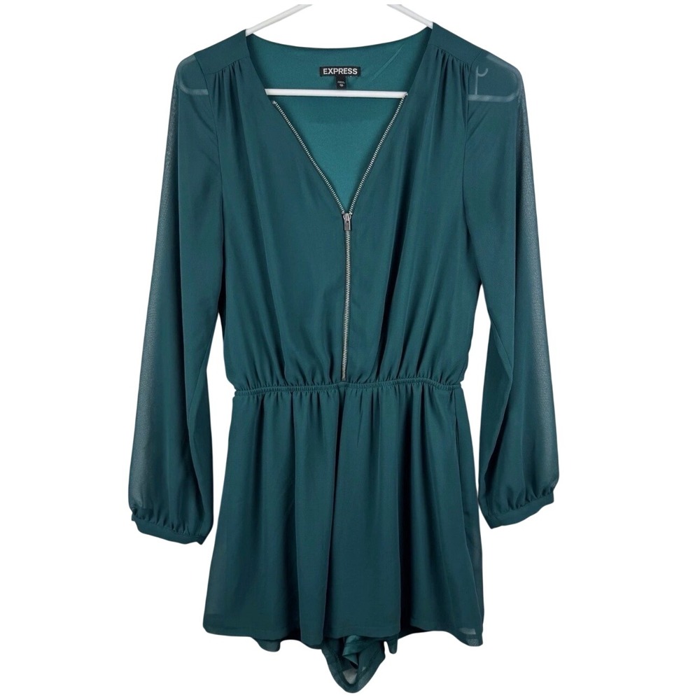Express Romper Womens XS Teal Green Zip Front Long Sleeve Sheer Chiffon‎ Pocket